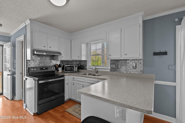 kitchen with under cabinet range hood, a peninsula, stainless steel appliances, white cabinetry, and a sink