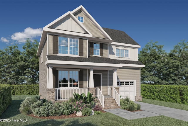 craftsman-style house with covered porch, board and batten siding, driveway, and stone siding