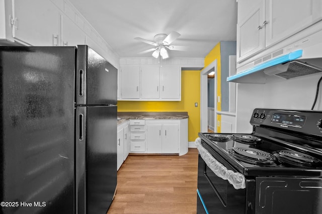 kitchen featuring ceiling fan, black appliances, white cabinets, light wood-style floors, and under cabinet range hood