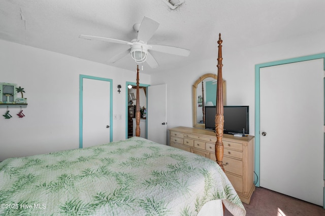 bedroom featuring visible vents, carpet floors, and ceiling fan