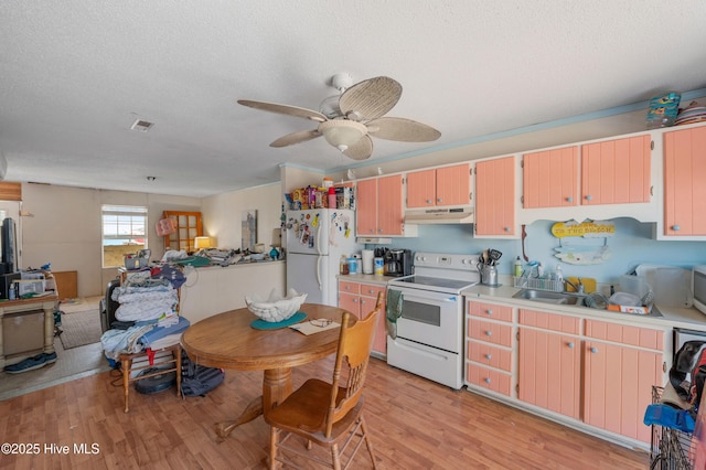 kitchen featuring light wood-type flooring, under cabinet range hood, open floor plan, white appliances, and light countertops