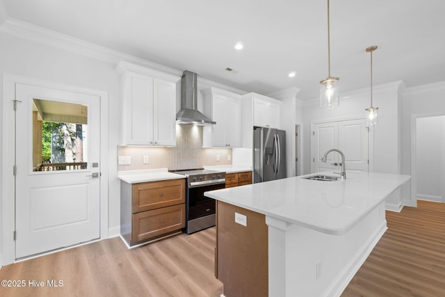 kitchen with light wood-style floors, a sink, wall chimney exhaust hood, and appliances with stainless steel finishes