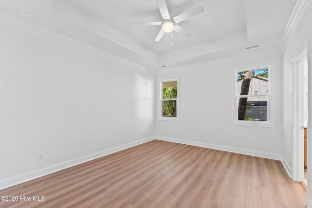 empty room featuring baseboards, a healthy amount of sunlight, a raised ceiling, and light wood-type flooring