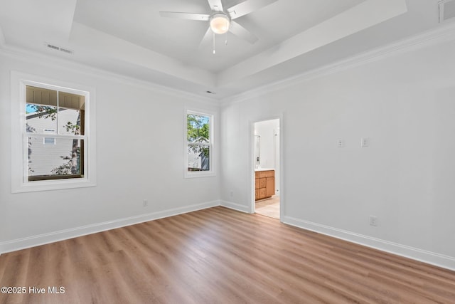empty room with a raised ceiling, baseboards, light wood-type flooring, and a wealth of natural light