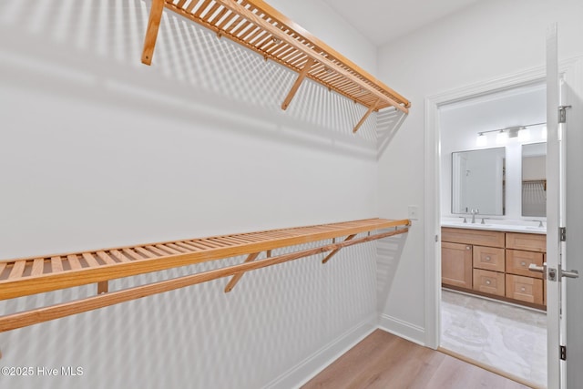 walk in closet with a sink and light wood finished floors