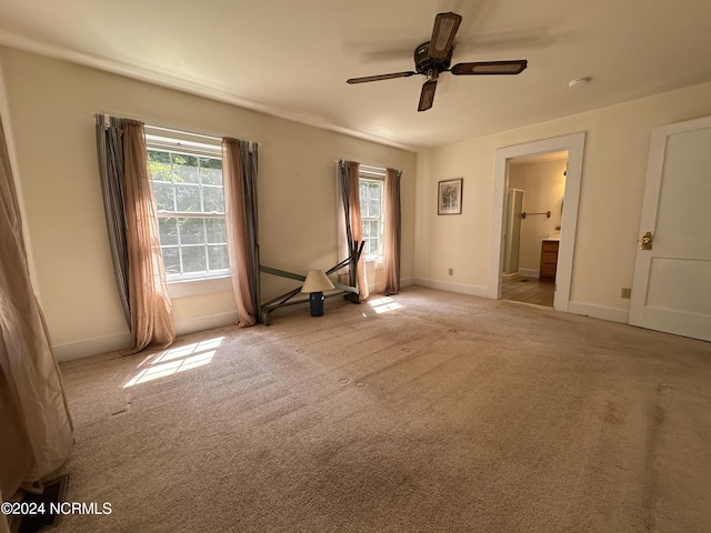 unfurnished bedroom featuring multiple windows, light colored carpet, and baseboards