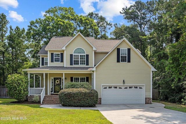 view of front facade featuring driveway, a porch, a shingled roof, an attached garage, and a front yard