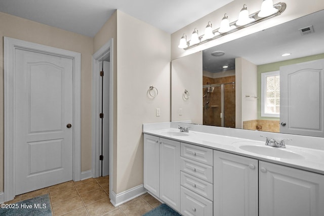 full bathroom with tile patterned flooring, visible vents, a shower stall, and a sink