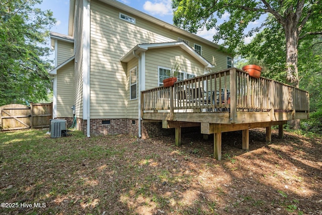 back of house with a deck, a gate, fence, cooling unit, and crawl space