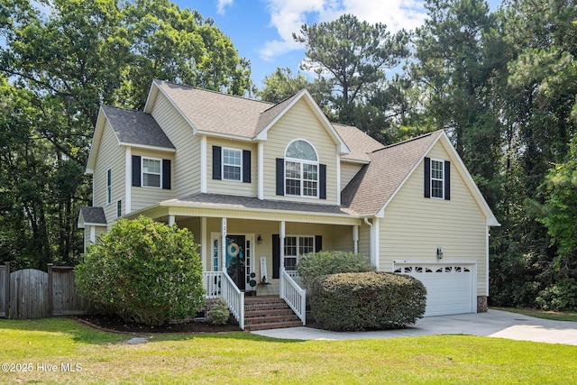 view of front of home with a front lawn, a garage, covered porch, and a shingled roof