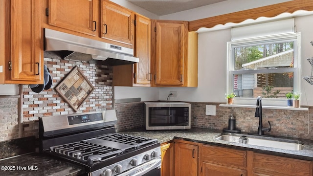 kitchen with brown cabinets, under cabinet range hood, a sink, appliances with stainless steel finishes, and decorative backsplash