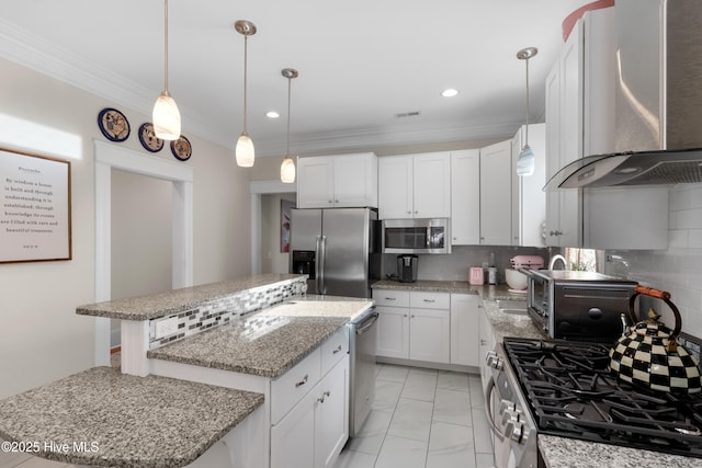 kitchen with range hood, ornamental molding, stainless steel appliances, tasteful backsplash, and a center island