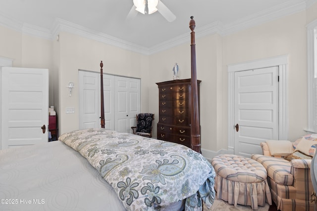 bedroom featuring a closet, a ceiling fan, and ornamental molding