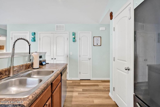 kitchen with stainless steel dishwasher, brown cabinetry, visible vents, and a sink