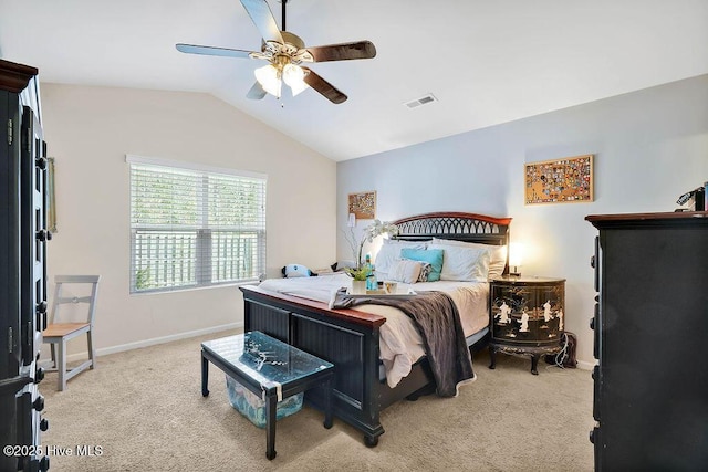 bedroom with a ceiling fan, baseboards, visible vents, lofted ceiling, and light carpet