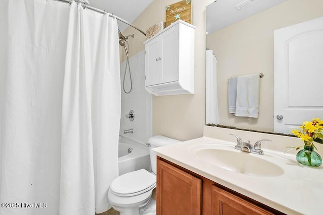 full bathroom with vanity, toilet, shower / bathtub combination with curtain, and visible vents