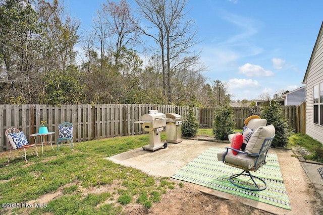 view of yard with a fenced backyard and a patio area