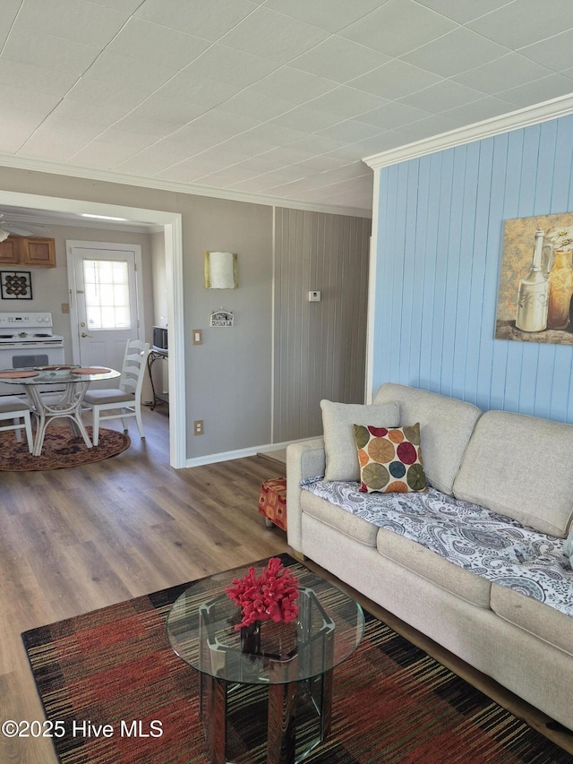 515 Mulberry St, Beaufort, NC 28516 - living area featuring wood finished floors, crown molding, baseboards, and wooden walls