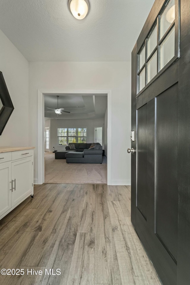 entrance foyer featuring a raised ceiling, light wood-style floors, baseboards, and a textured ceiling