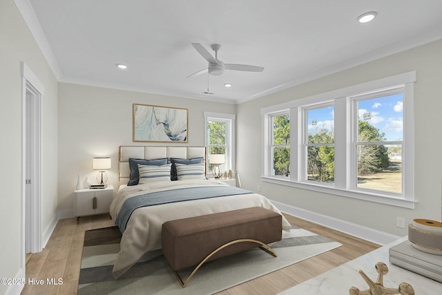 bedroom with recessed lighting, baseboards, light wood-style floors, and ornamental molding