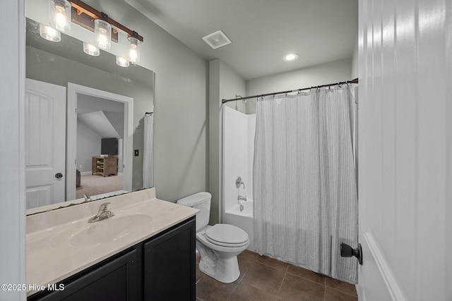 full bath featuring tile patterned flooring, visible vents, toilet, shower / tub combo with curtain, and vanity