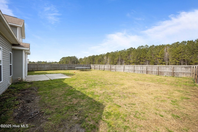 view of yard with a patio, a fenced backyard, and a wooded view