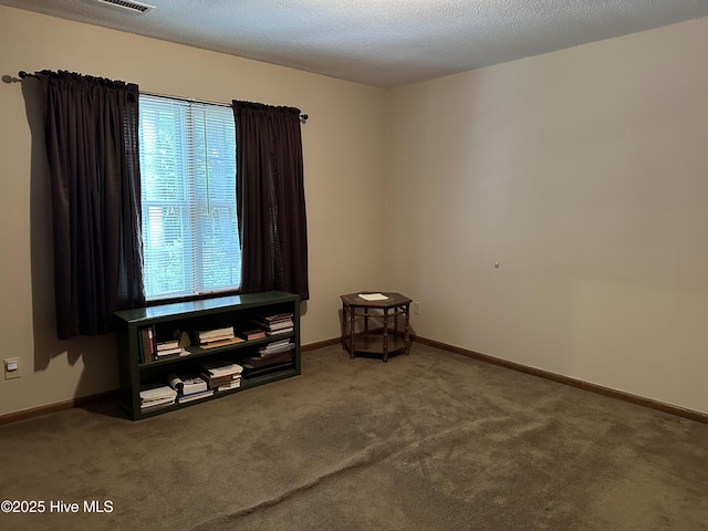 empty room featuring carpet, baseboards, and a textured ceiling