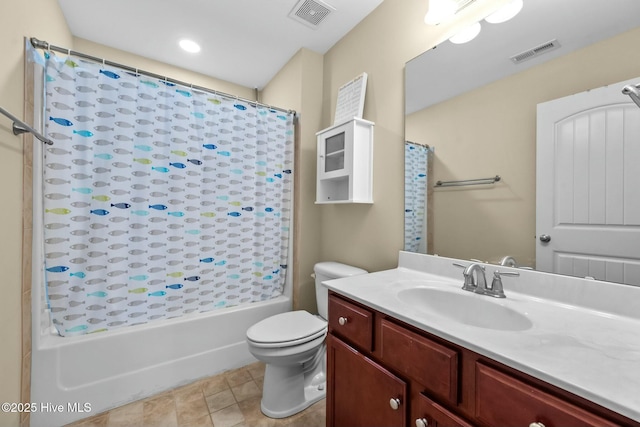 full bathroom featuring vanity, shower / bath combo with shower curtain, toilet, and visible vents