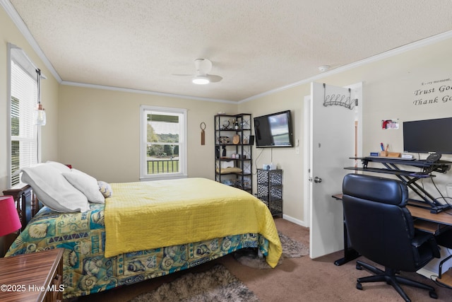 bedroom with crown molding, baseboards, carpet, and a textured ceiling