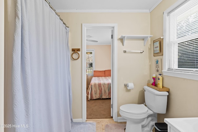 full bathroom with crown molding, tile patterned floors, connected bathroom, and a wealth of natural light