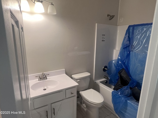 bathroom with toilet, tile patterned flooring, vanity, and shower / bathtub combination with curtain