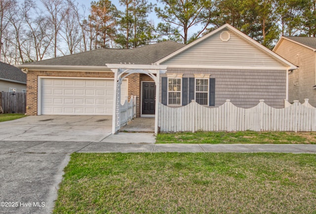 ranch-style house with brick siding, a front lawn, fence, concrete driveway, and an attached garage