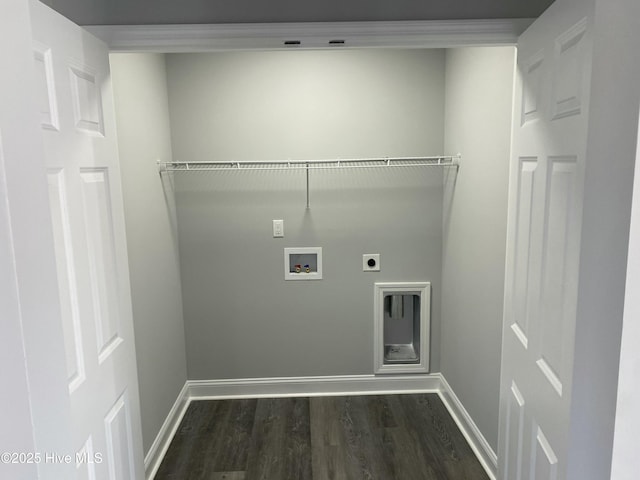 laundry room featuring baseboards, hookup for an electric dryer, washer hookup, and dark wood-style flooring