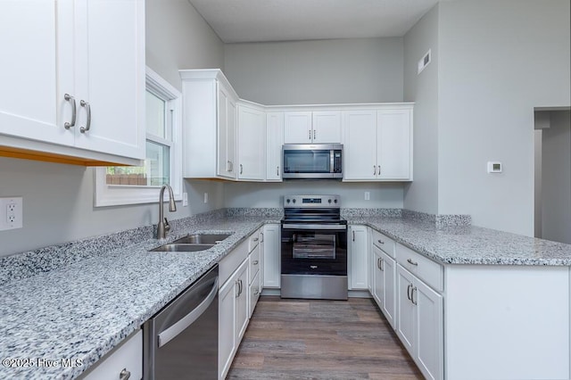 kitchen featuring wood finished floors, a peninsula, a sink, stainless steel appliances, and white cabinets