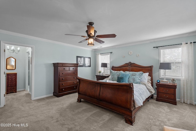 carpeted bedroom featuring multiple windows, baseboards, and ornamental molding