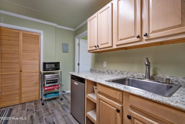 kitchen featuring wood finish floors, ornamental molding, a sink, black microwave, and dishwasher