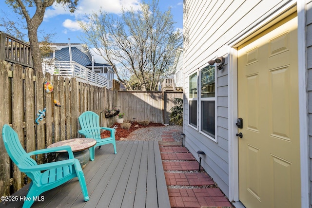 wooden deck with a fenced backyard