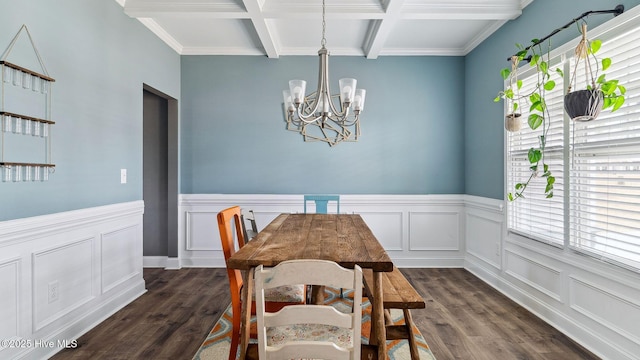 dining room with beamed ceiling, coffered ceiling, dark wood finished floors, and a chandelier