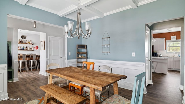 dining area featuring dark wood-style floors, a wainscoted wall, coffered ceiling, an inviting chandelier, and beam ceiling