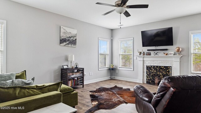 living room featuring wood finished floors, a fireplace, baseboards, and a wealth of natural light