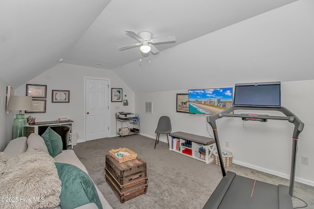 carpeted living area with vaulted ceiling, a ceiling fan, baseboards, and visible vents