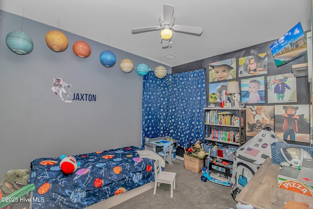 carpeted bedroom featuring ceiling fan