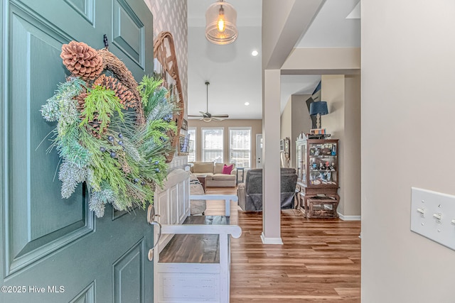 foyer featuring recessed lighting, baseboards, a ceiling fan, and wood finished floors