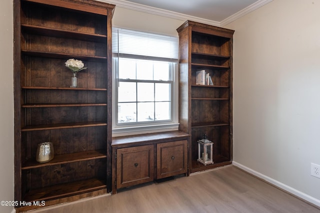 interior space with light wood-type flooring, crown molding, and baseboards