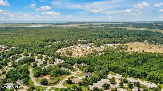 drone / aerial view featuring a view of trees and a water view