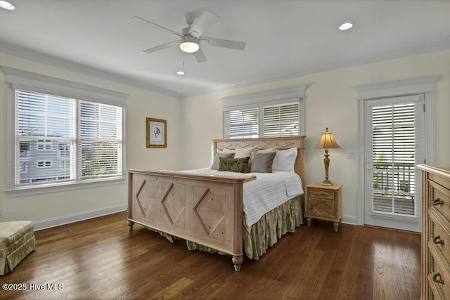 2628 N Lumina Ave, Wrightsville Beach, NC 28480 - bedroom featuring baseboards, access to exterior, dark wood-style floors, crown molding, and a ceiling fan