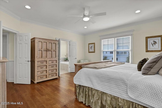 2628 N Lumina Ave, Wrightsville Beach, NC 28480 - bedroom with dark wood-style flooring, ornamental molding, recessed lighting, ensuite bathroom, and a ceiling fan