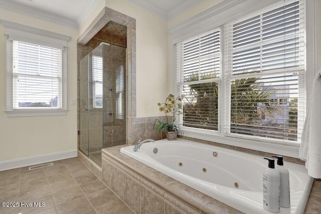 bathroom featuring visible vents, a stall shower, a whirlpool tub, tile patterned flooring, and crown molding