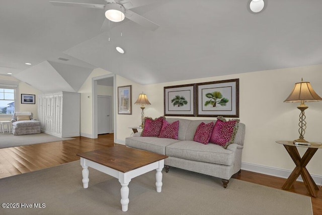 2628 N Lumina Ave, Wrightsville Beach, NC 28480 - living area featuring wood finished floors, lofted ceiling, baseboards, and ceiling fan