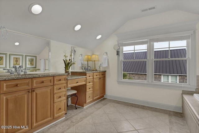 full bath with lofted ceiling, double vanity, visible vents, and a sink